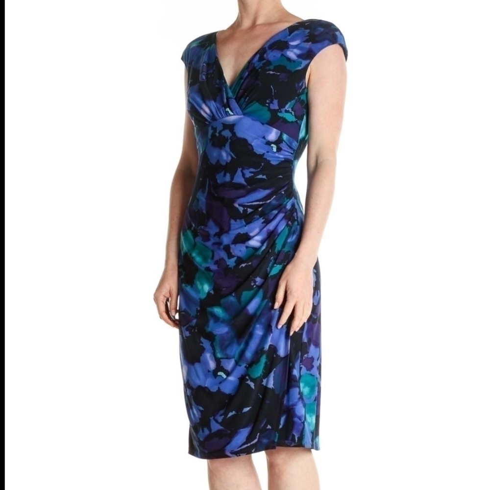 Ralph Lauren v neck floral blue and green faux wrap ruching dress S4 stretchy